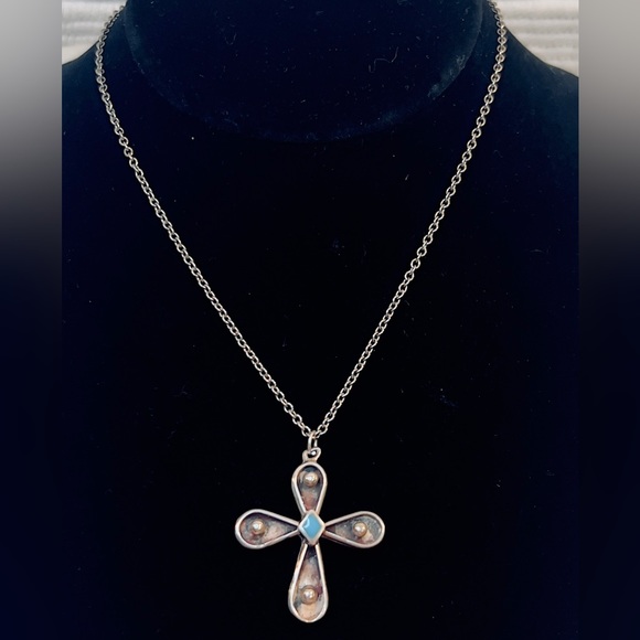Vintage Sterling Silver Turquoise Cross Pendant & Chain - 18” - Picture 1 of 5